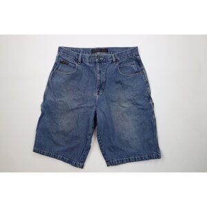 Vintage 90s Y2K FUBU Mens 38 Faded Baggy Relaxed Fit Denim Dungaree Shorts Blue